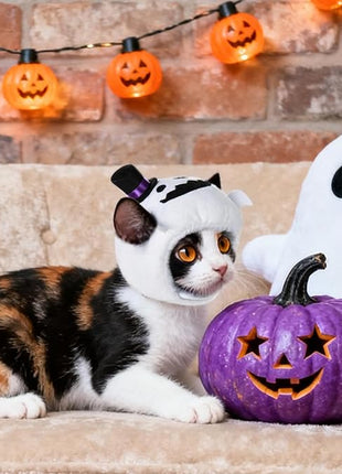 Cat Halloween Costumes Halloween Ghost Hat for Dogs Cats Adjustable Cute White Ghost Cap with Hat Festival Pet Head Dress Up Accessories for Halloween Puppy Kitten Cosplay Costume Gifts