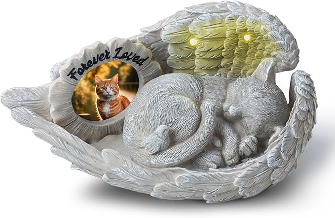 Cat Memorial Gift, Angel Memorial Cat Statue with Photo Frame, Forever My Guardian Angel Garden Solar Light Cats for Pet Memorial Stone