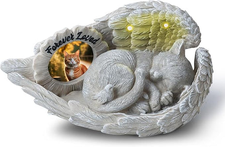 Cat Memorial Gift, Angel Memorial Cat Statue with Photo Frame, Forever My Guardian Angel Garden Solar Light Cats for Pet Memorial Stone