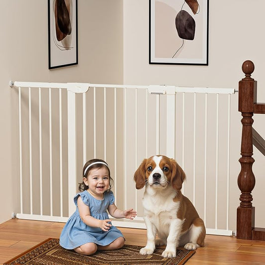 29.5-59.8" Baby Gate for Stairs, Baby Safety Essentials, Auto Close Gate for Doorways, Easy Install Pressure Mounted Dog Gate Indoor, Pet Gates for Dogs, White