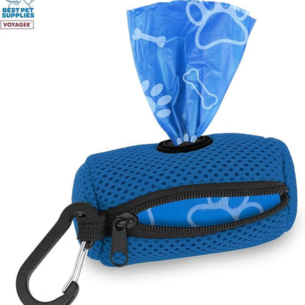 Best Pet Supplies Dog Poop Bag Holder Leash Attachment with 15 Bags, Royal Blue, Reusable Mesh Dispenser Pouch for Travel, Walking, Park, and Outdoor Use, Soft and Durable with Clip-On