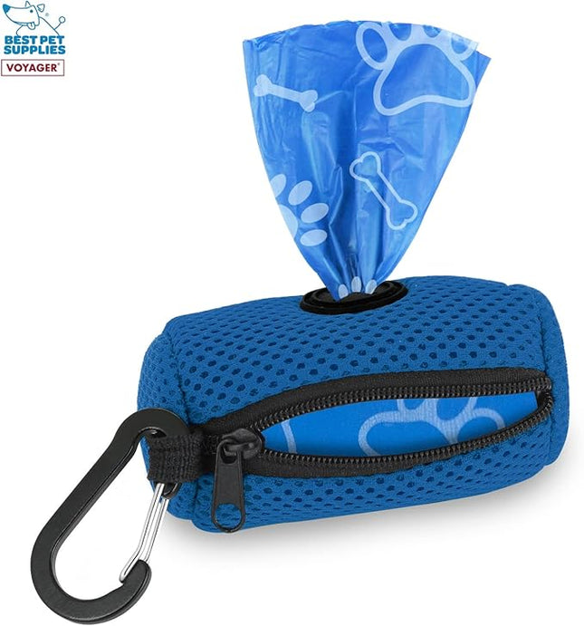Best Pet Supplies Dog Poop Bag Holder Leash Attachment with 15 Bags, Royal Blue, Reusable Mesh Dispenser Pouch for Travel, Walking, Park, and Outdoor Use, Soft and Durable with Clip-On