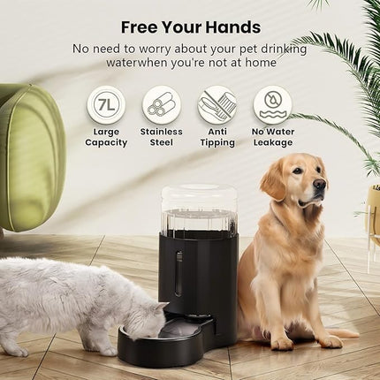 CZPET Dog Water Bowl Dispenser, 7L Automatic Dog and Cat Water Dispenser with Stainless Steel Bowl, Gravity Waterer, Large Capacity, and Quiet Drinking Area for Pets (7L,Black)