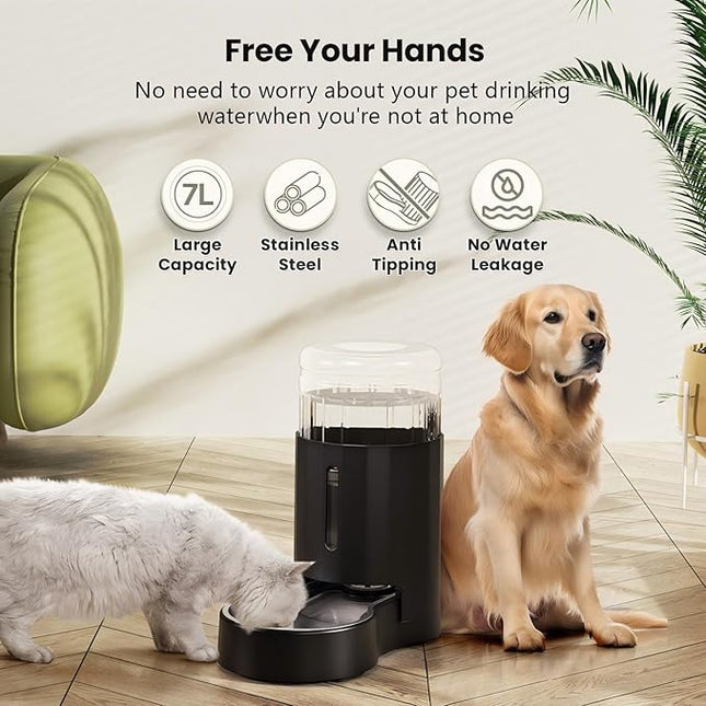 CZPET Dog Water Bowl Dispenser, 7L Automatic Dog and Cat Water Dispenser with Stainless Steel Bowl, Gravity Waterer, Large Capacity, and Quiet Drinking Area for Pets (7L,Black)