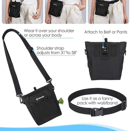 Gobeigo Dog Treat Pouch with Silicone Liner, 【4 Cup】【3 Ways to Wear 】 Treat Bag with Training Clicker, Front Pocket fits All Phones, Upgrade Stronger Magnetic Closure Walking Fanny Pack (Black)