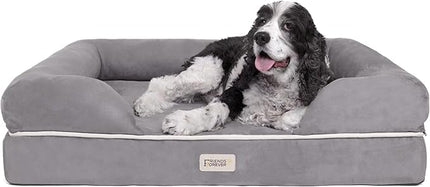 Friends Forever Large Dog Bed, Orthopedic Pet Sofa Memory Foam Mattress, Calming Dog Couch, Wall Rim Pillow, Water Resistant Liner, Washable Cover, Non-Slip Bottom, Chester, Large Grey
