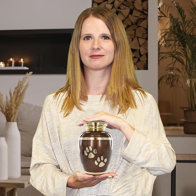 Trupoint Memorials Small Pet Urn for Dogs and Cats Ashes, Paws Print Brown Cremation Urns for Pets up to 17 lbs
