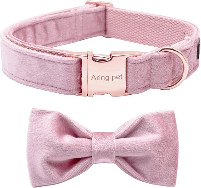 ARING PET Velvet Dog Collars with Bow tie, Bowtie Dog Collar, Cute Pink Collar for Girl and Boy Dogs,Large.