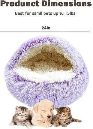 Cat Bed for Indoor Cats, Calming Cozy Cave with Self-Warming Plush, Entire Bed Machine Washable & Anti-Slip Base, Breathable Pet Bed for Small Cats&Dogs All Seasons (Purple, 24 * 24inch)