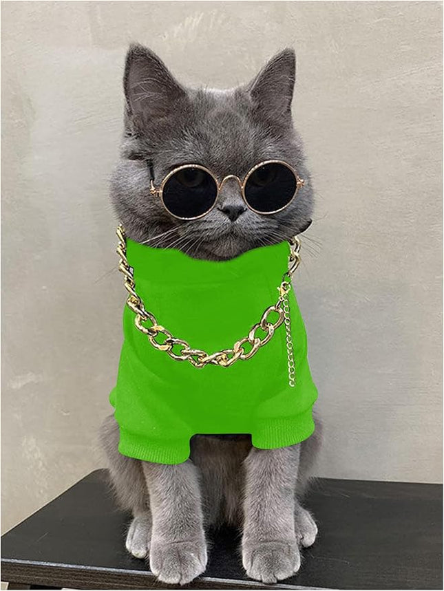 QWINEE 3Pcs Dog Hoodie Cat Apparel Dog Custume Set with Necklace and Sunglasses Pet Clothes for Puppy Small Medium Dogs Cats Green Large