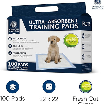 American Kennel Club Scented Puppy Training Pads with Ultra Absorbent Quick Dry Gel – 22 x 22 Pee Pads for Dogs - Grass Scented - 100 Count