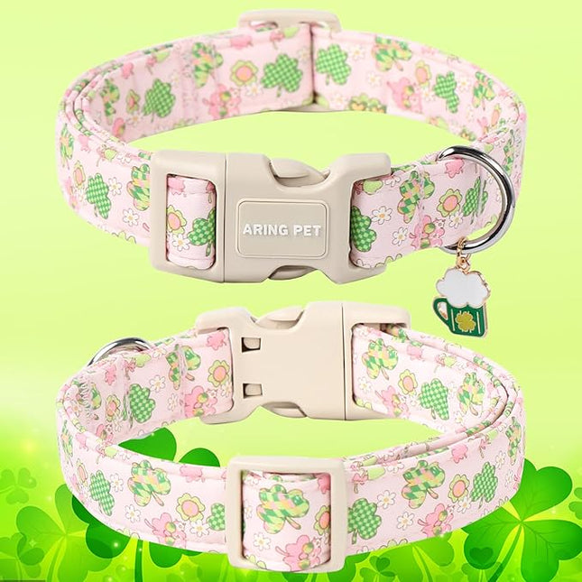 ARING PET St Patrick's Day Dog Collar-Cute Pink Clovers Dog Collars, Adjustable Shamrock Pet Collars Trefoil Puppy Collar with Quick Release Buckle for Girl&Boy Dogs