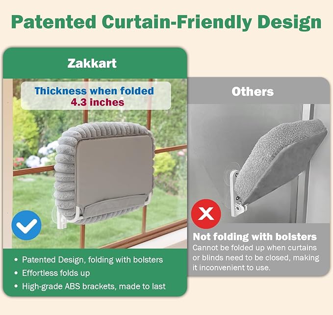 Zakkart SnugCloud Foldable Cat Window Perch - Cordless, Ultra Soft Machine Washable Bed with 4-Sided Bolster, Metal Frame - Window Hammock for Large Cats and Kittens (Cream White, Large)