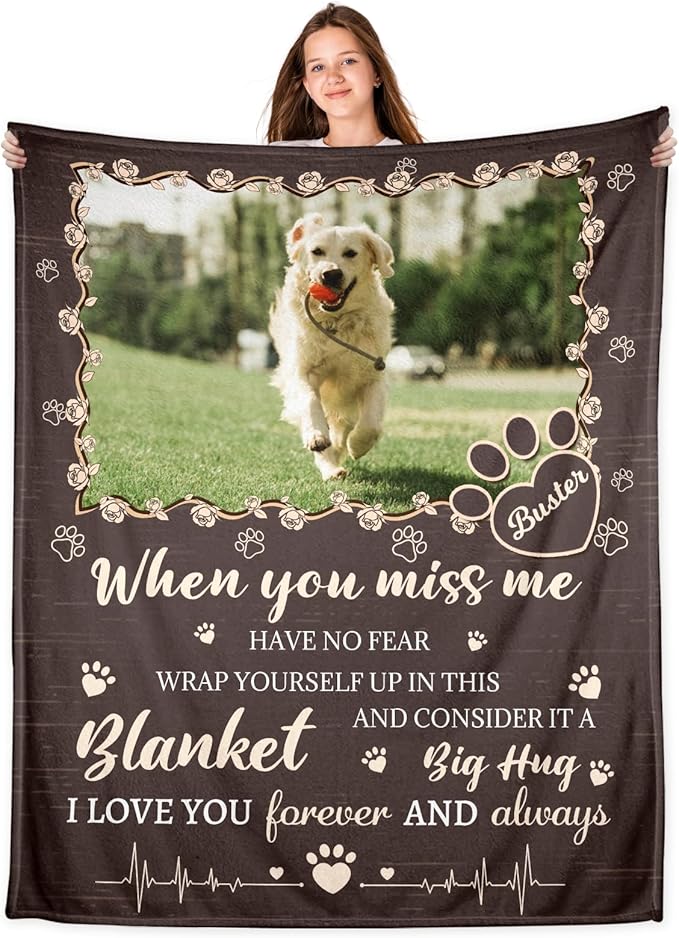 Dog Memorial Gifts for Loss of Dog - Personalized Pet Memorial Blanket with Photo Name, Pet Loss Sympathy Gift, Custom Dogs Blanket Pet Bereavement Remembrance Gifts