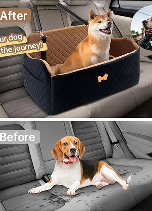 Car Seat for Large Size Dog, Booster Seat for Dogs Under 55 lbs or 2 Small Dogs, Soft Car Dog Bed Filling in Thick Memory Foam with 2 Safety Leashes and Storage Pocket (Brown/Black)