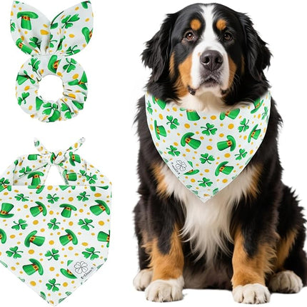 E-Clover St Patricks Day Dog Bandana & Matching Scrunchie Set Cute Girl Dog Scarf Bibs Pet Bandanas with Bow Tie for Medium Large Dogs Owner Mom Green