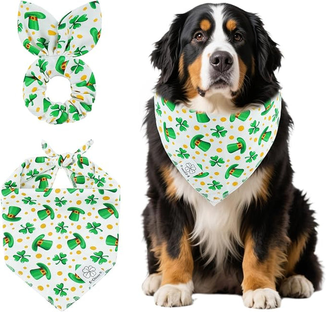 E-Clover St Patricks Day Dog Bandana & Matching Scrunchie Set Cute Girl Dog Scarf Bibs Pet Bandanas with Bow Tie for Medium Large Dogs Owner Mom Green
