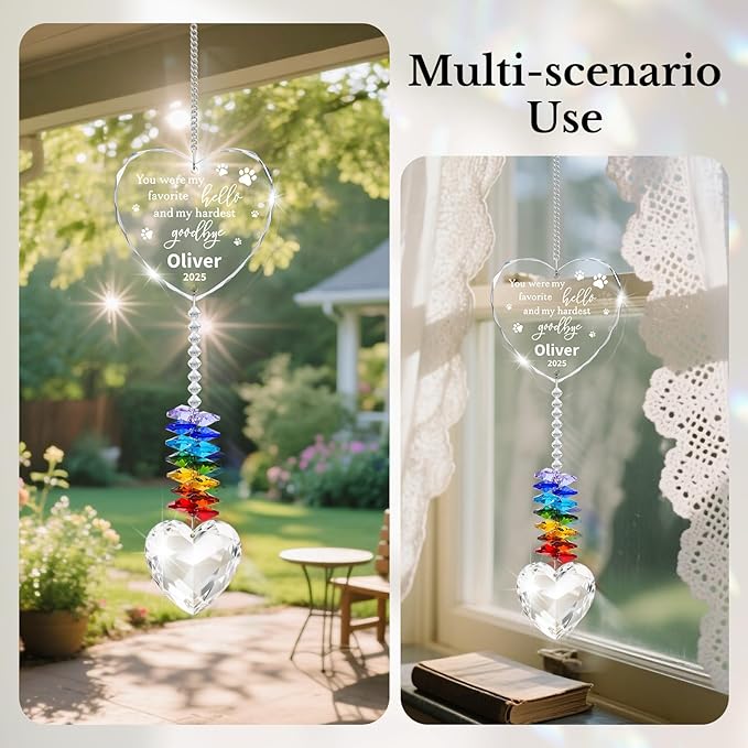 Personalized Pet Memorial Suncatcher - Dog Memorial Gifts for Loss of Dog,Pet Loss Sympathy Gift,Custom Crystal Cats Dogs Remembrance Bereavement Gift (Pet Memorial(Heart))