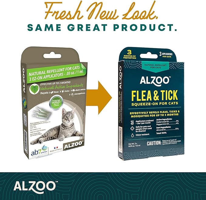 ALZOO Natural Flea & Tick Squeeze-On for Cats, Helps Repel Fleas, Ticks & Mosquitos, Up to 3-Months Protection, Plant-Based Active Ingredients, Water-Resistant, 3 EZ-On Applicators Per Pack