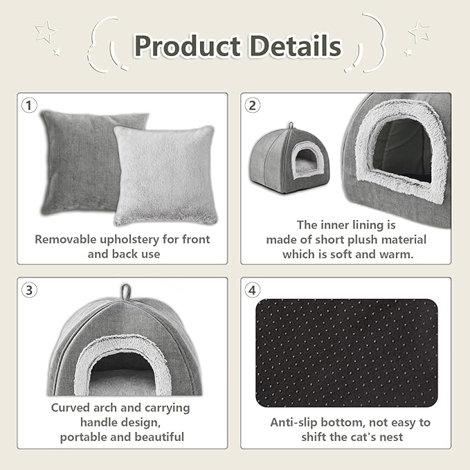 WINDRACING Cat Bed Cave-Cat Beds for Indoor Cats,Kittens and Large Pets,Foldable and Washable with Removable Cushioned and Anti Slip Bottom(Large,Grey)