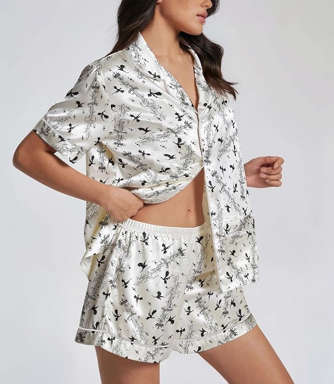 Women’s Silk Satin Pajama Set, Short Sleeve Button Down 2 Piece PJs with Shorts, Cozy Loungewear & Matching Holiday Pajamas