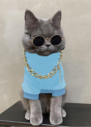 QWINEE 3Pcs Dog Hoodie Cat Apparel Dog Custume Set with Necklace and Sunglasses Pet Clothes for Puppy Small Medium Dogs Cats Light Blue Medium