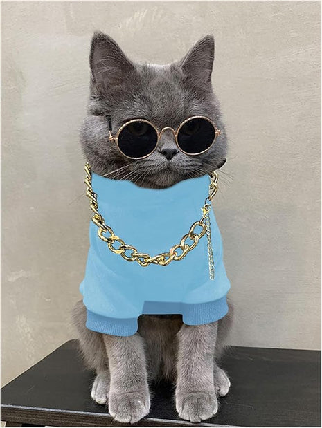 QWINEE 3Pcs Dog Hoodie Cat Apparel Dog Custume Set with Necklace and Sunglasses Pet Clothes for Puppy Small Medium Dogs Cats Light Blue Medium