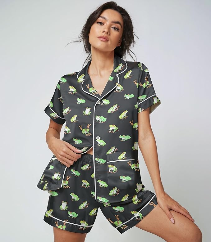 Women’s Silk Satin Pajama Set, Short Sleeve Button Down 2 Piece PJs with Shorts, Cozy Loungewear & Matching Holiday Pajamas