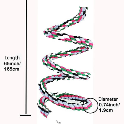 65 inch Length Colorful Cotton Bendable Rope Perch Swing Bird Chew Toys Amazon Parrots Cage Toys with Bell Swing Climbing Standing Bungee Bird Toys for Large to Regular Birds