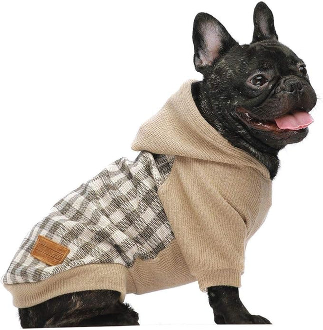 Fitwarm Tartan Plaid Dog Hoodie, Knitted Dog Clothes for Small Dogs Boy, Pet Sweatshirt, Knitted Sweater, Beige, Large