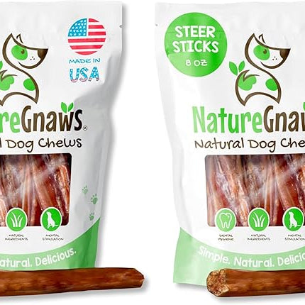 Nature Gnaws USA Steer Sticks for Dogs 5-7" (8oz) - Mixed Thickness - Long Lasting for Aggressive Chewers and Large Dogs - Natural Beef Bully Dog Chew Bones (Pack of 2)