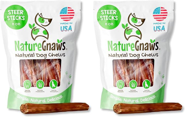 Nature Gnaws USA Steer Sticks for Dogs 5-7" (8oz) - Mixed Thickness - Long Lasting for Aggressive Chewers and Large Dogs - Natural Beef Bully Dog Chew Bones (Pack of 2)