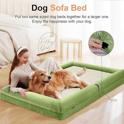 Large Dog Bed Orthopedic Washable: Jumbo Dog Bed Bolster Extra Large Dogs Egg Crate Foam Sofa Couch Waterproof Removable Cover - Grass Green