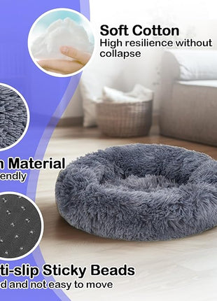 Cat Bed - Calming Cat Bed for Small Kittens Donut Washable Round for Indoor Kittens and Puppies, Anti-Slip Round Fluffy Plush Faux Fur,Large, Dark Blue