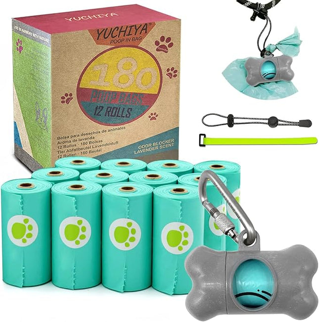 Dog Poop Pickup Bags Holder Dispenser with Standard-Sized Leak-Proof Scented Doggy Waste Bags and Carabiner with Safety Lock&Fastener Never Loose on Leash Lead Again (1 Holder 195 Bags, Grey)