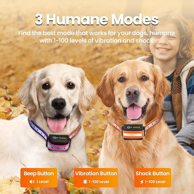 ROJECO Dog Shock Collar for 2 Dogs with 3300FT Remote，IPX7 Waterproof Rechargeable Shock Collar for Large Medium Small 2 Dogs for 4 to 120 lbs，3 Safe Training Modes with Beep，Vibration and Shock