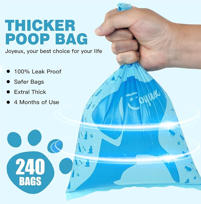 Joyeux 240 Count Ocean Scent Dog Poop Bags Rolls,with Dispenser,Leak-Proof Large Doggie,Extra Thick Poop Bag for Dogs,Cats Litter Bags,Blue Trash Bags for Doggy Pets Bolsa de Popo de Perro