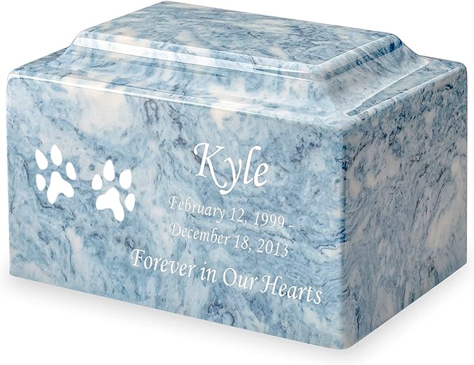Sky Blue Dog Paw Prints Pet Cremation Urn for Ashes - Personalize with Name, Date, and Sentiment - Cultured Marble - 50 Cubic Inch for a Pet Weighing up to 50 Pounds