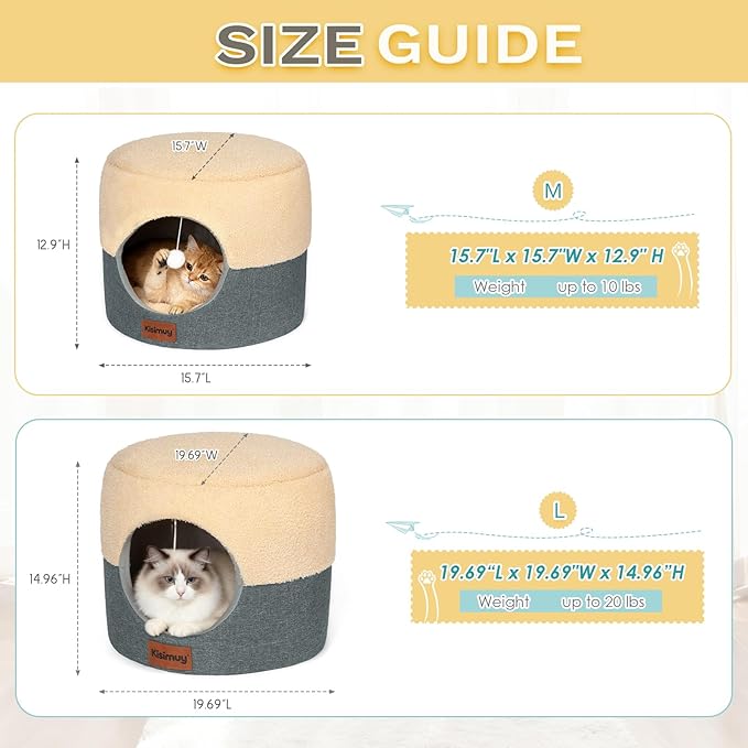 Cat Cave Bed for Indoor Cats, 2-in-1 Calming Anti-Anxiety House & Lounger, Durable Cozy Round Pet Bed with Cushioned Pillow & Anti-Slip Bottom for Small Dogs, 19.7 inches