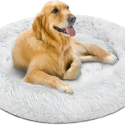 Friends Forever Donut Dog Bed Faux Fur Fluffy Calming Sofa For Large Dogs, Soft & Plush Anti Anxiety Pet Couch For Dogs, Machine Washable Coco Pet Bed with Non-Slip Bottom, 36"x36"x8" Ivory