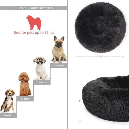 Black Dog Bed for Small Dogs Washble Calming 23 Inch Fluffy Plush Black Dog Bed Round Donut Machine Washable Small Pet Bed