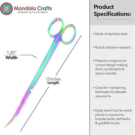 Mandala Crafts 10 Inches Rainbow Stainless Steel Curved Aquarium Scissors for Trimming Aquatic Plants – Bent Aquascape Scissors for Fish Tanks, Hospital Tanks, Goldfish Bowls, and Terrariums