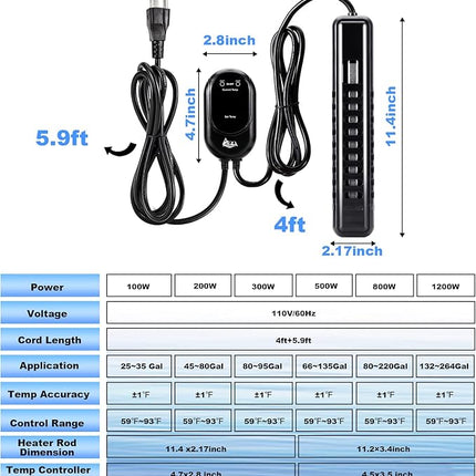 AQQA Submersible Aquarium Heater,100W/200W/300W/500W/800W/1000W/1200W Fish Tank Heater,External Temperature Controller LED Temperature Display,Suitable for Saltwater and Freshwater(300W)