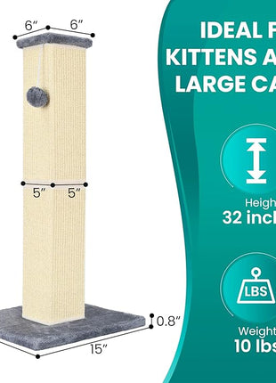 Cat Scratching Post 32 Inch for Indoor Large Cats and Kitten, Nature Sisal Tall Cat Scratch Post, Sisal Cat Scratcher Improve Cat's Scratching Habits and Protect Your Furniture, Grey