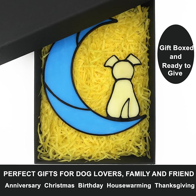 Stained Glass Dog Memorial Gifts for Dog Lovers, Yellow Dog Decor on Blue Moon Window Hanging Suncatcher, Loss of Dog Sympathy Gift, Pet Loss Remembrance Gift in Memory of Dog