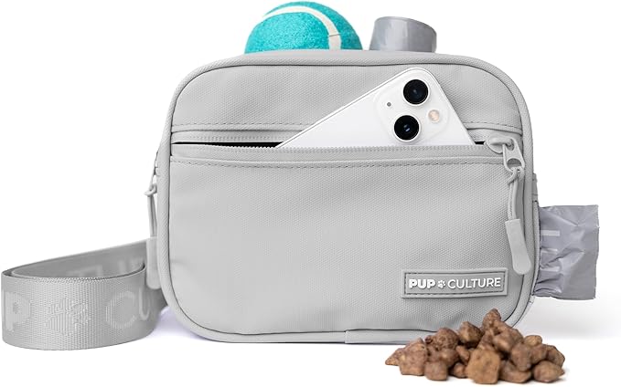 Pup Culture Cross Body Dog Training Treat Pouch | Removable for Anytime Puppy Training | Built-in Poop Bag Dispenser & Used Bag Holder | Stylish Grey