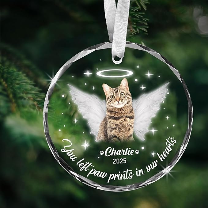 Personalized Cat Memorial Ornament, Pet Loss, Angel Keepsake for Cat Lovers, Custom Photo Glass Ornament – You Left Paw Prints in Our Hearts