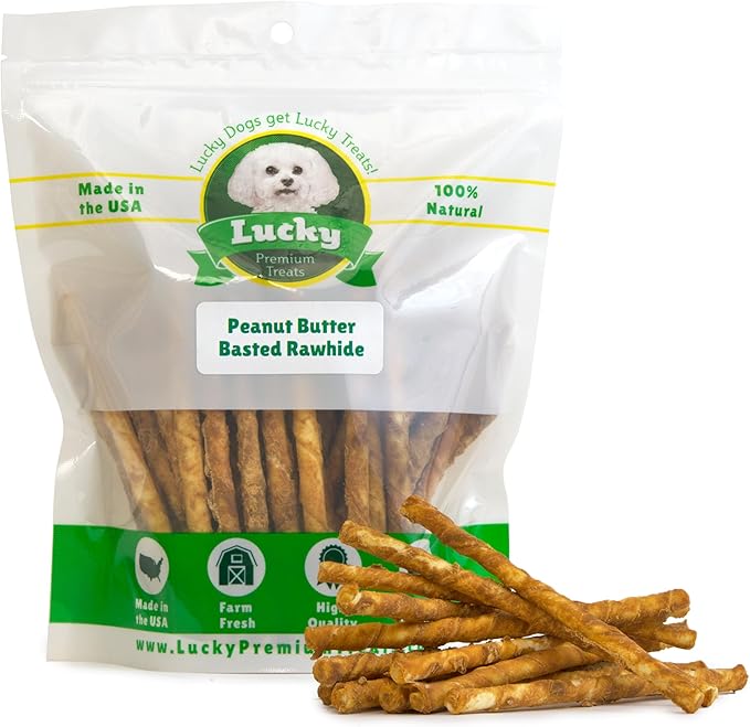 Lucky Premium Treats, Peanut Butter Basted Rawhide, Small Dog Treats, 60 Chews, Gluten Free, 0.15 lbs