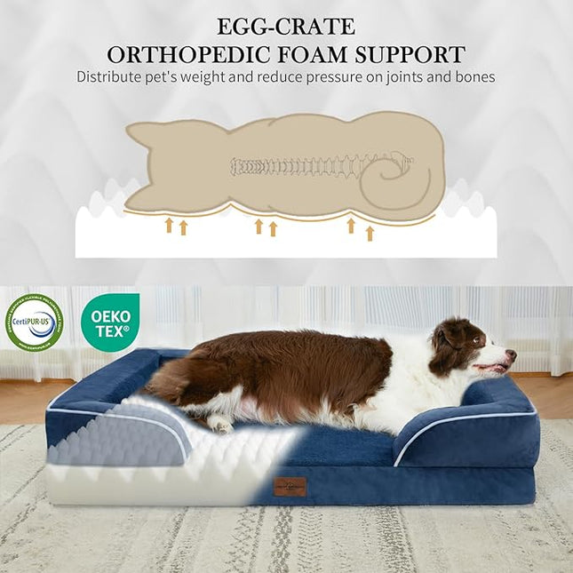 Comfort Expression Orthopedic Dog Bed for Medium Dogs 28x19 Inch, Waterproof Supportive Egg Crate Foam Medium Pet Bed with Removable Bolster, Dog Couch with Washable Cover & Non-Slip Bottom, Navy Blue