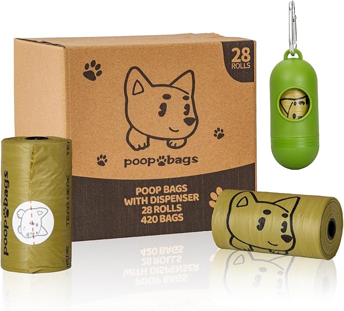 420 Counts Dog Poop Bags Rolls with Dispenser & Leash Clip, Scented Poop Bags for Dogs Waste, Extra Thick & Leak Proof for Poop Doggie Puppy Pet Waste, 9" x 13", Dark Khaki